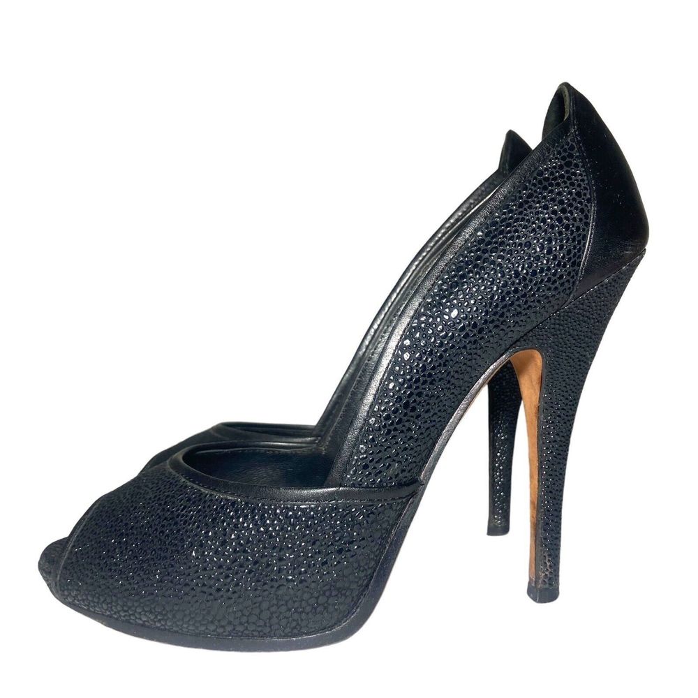 Jean Michel Cazabat Women Peep Toe Platform Black Leather Heels Pumps Size 6.5